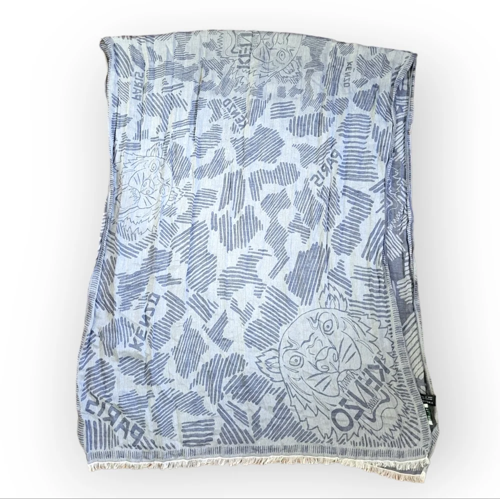 KENZO Paris Blue Tiger Head Silk Cotton Scarf